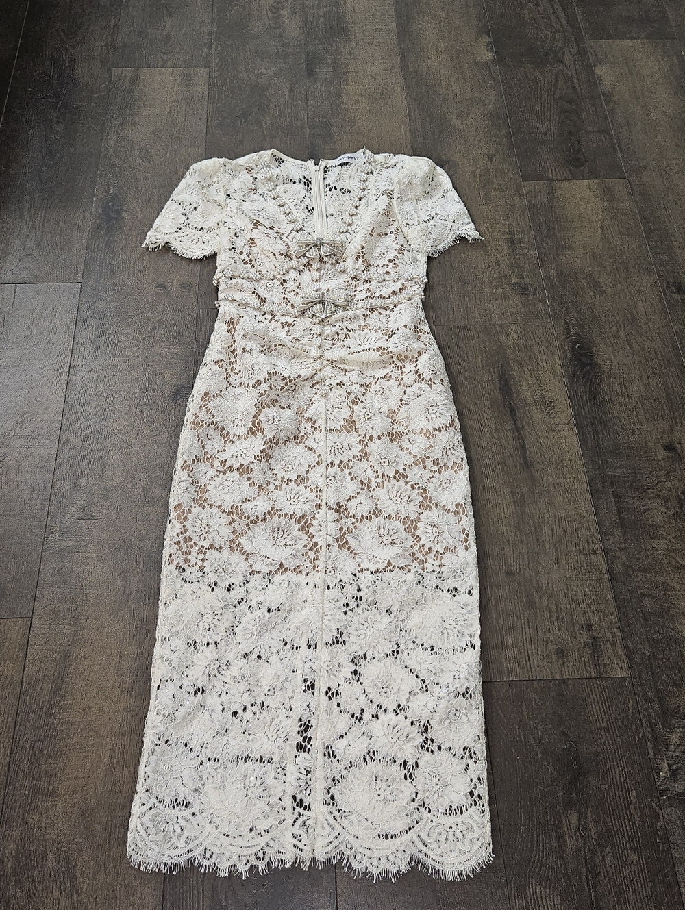 Self-Portrait Cream Fine Lace Pearl Midi Dress in Cream